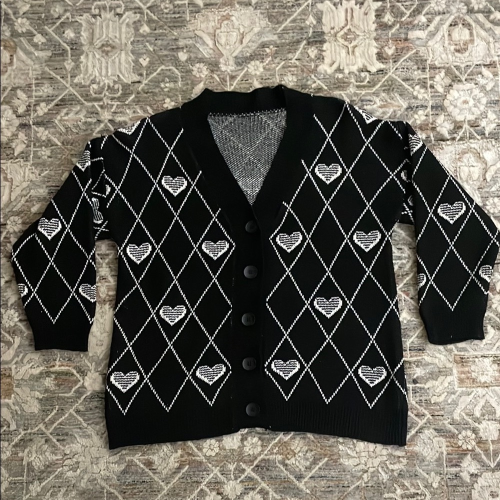 Argyle Heart Print Black and White Cardigan